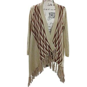 Woven Heart Cardigan Aztec Retro Fringe Knit Tan Casual Open Front Size S
